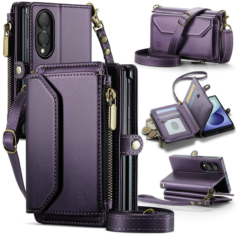 Strapurs for Samsung Galaxy Z Fold 8 - Zipper Strap Wallet Case, Purple | RFID Blocking 6-Card Holder, Shoulder Lanyard, Wirst Strap, Zipper Pocket, Magnetic Snap, PU Leather, Phone Cover for Women