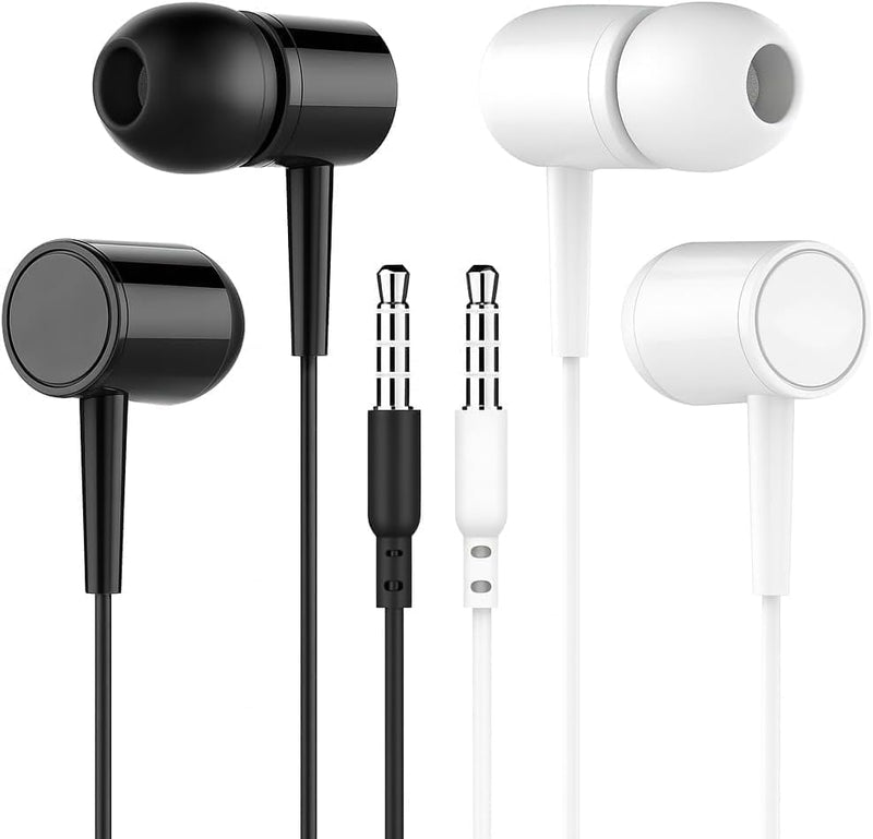 2-Pack Wired Earbuds with Microphone, 3.5mm Stereo Earphones, Corded in-Ear Headphones, Hands-Free Calls, Call (Black & White)