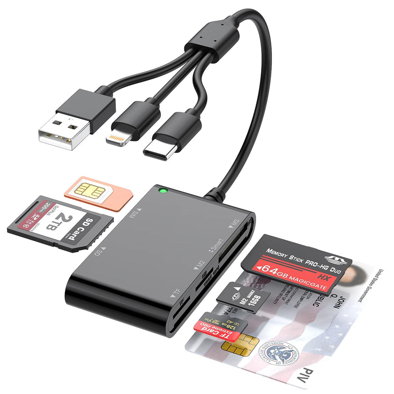 7-in-3 CAC Reader for CAC/SD/TF/M2/ID/IC/SIM/PIV/Ms Card USB A/C/Lightning | USB A/USB C/Lightning 3-Port,SIM Card Adapter for iPhone,Military cac,multi card reader,Plug and Play,Portable Design Black