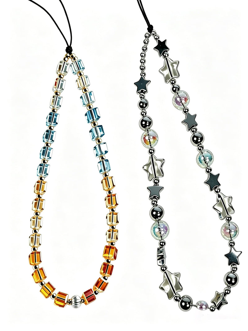 2 Pcs Phone Charm Strap Hand Wrist Strap Camera Lanyard Pearl Beaded Cute Chain String Accessories Universal for iPhone 17 Pro Max 16 15 14 for Samsung Women Girls Keychain Bag Autumn Crystal and Star