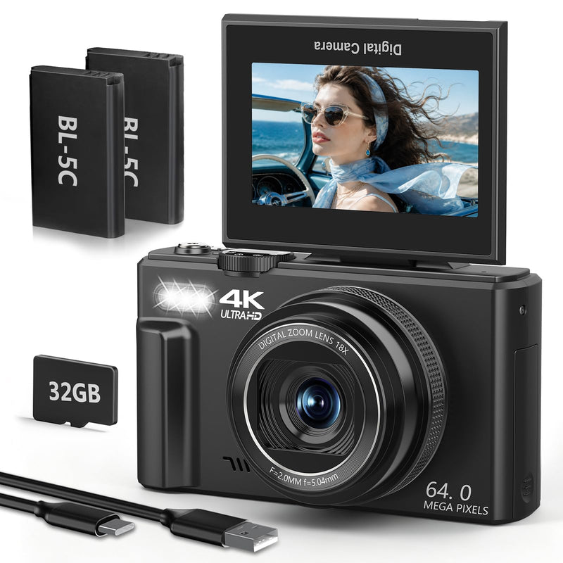 4K Digital Camera for Photography, 64MP Vlogging Camera with 180° Screen | Compact Point And Shoot Camera With WiFi, 32GB Card, 2 Rechargeable Batteries, Portable Travel Camera, Black