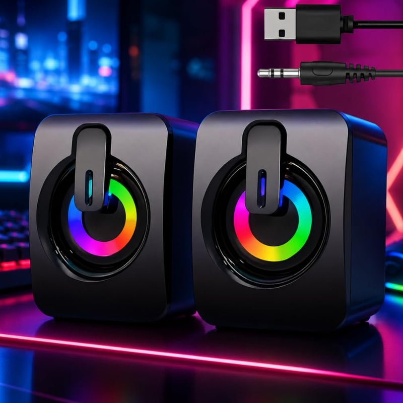 Wired RGB LED Mini Desktop Computer Speakers Pair, USB Powered Stereo with Dynamic Lighting, Compact Plug and Play for PC Laptop Gaming