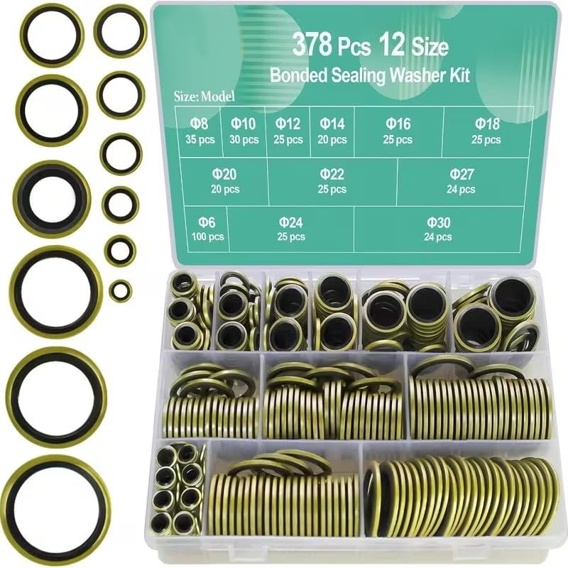 Bonded Sealing Washer Assortment Kit - 378 Pieces, 12 Sizes (M5-M20), Copper Metal with Rubber Seal for Automotive Hydraulic Plumbing, Organized Storage Case