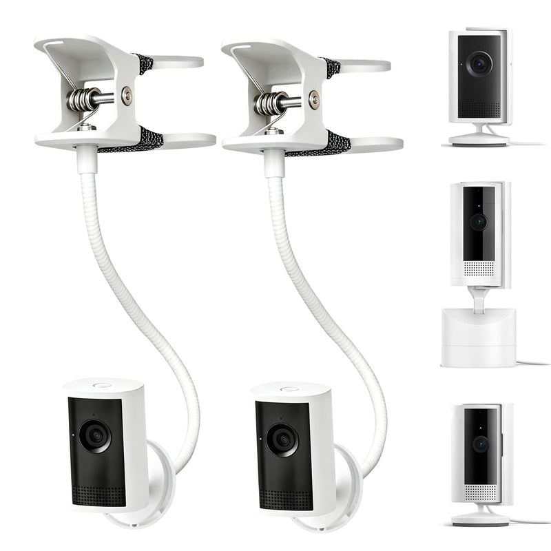 2 Pack Clip Mount Compatible with Ring Indoor Cam Plus/Pan-Tilt Indoor Cam | No Drill Adjustable Flexible Clamp Stand Bracket, 1/4" Threaded Holder for Desk, Crib, Nursery, Shelf, Pillar, White