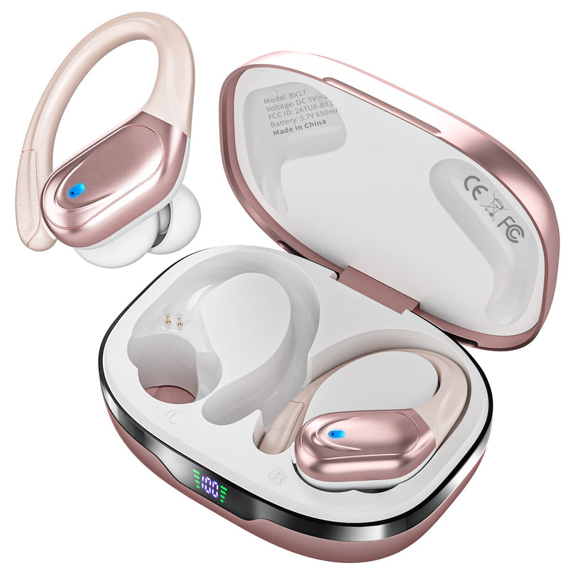 HAOYUYAN Sports Bluetooth Headphones, 80Hrs Playtime Wireless Earbuds with LED Power Display, IPX7 Waterproof Earphones for Workout/Running, Noise Canceling Headset Ear Buds Rose Gold
