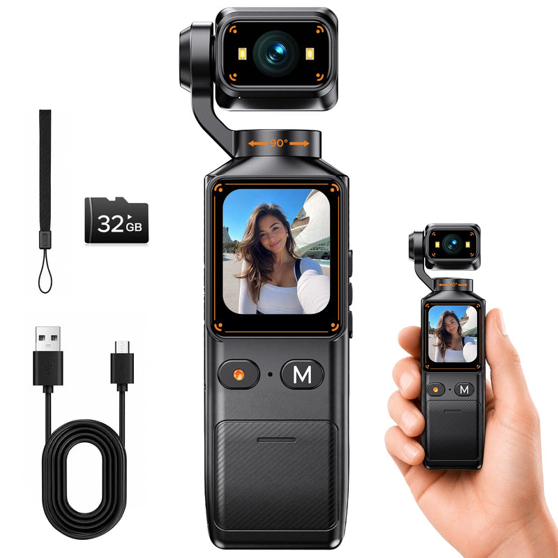 2K Vlogging Camera with 180° Rotating Lens, Handheld Pocket POV Video Camera, WiFi App, 7H Battery, 1.69" Screen, 32GB Card Included for YouTube, TikTok, Travel, Content Creators & Daily Vlogs Solid black