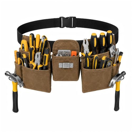 Waterproof Waxed Canvas Tool Belts for Men with 19 Pockets, Tear-resistant