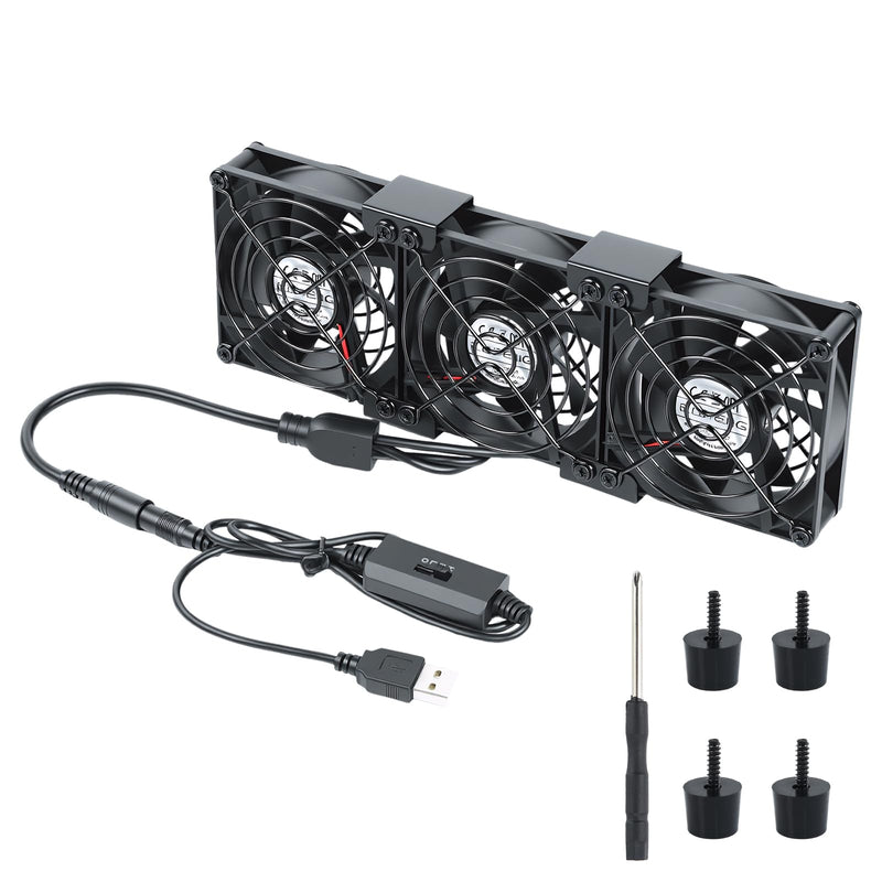 ELUTENG 3 Pack 80mm Big Airflow Computer Fan, DC 12V 3-Speed Adjustable Fan (2600/3200/3800 RPM) with Painted Metal Grill, DC to USB Speed Controller, Anti-Slip Pads & Screwdriver for Cabinet, Black