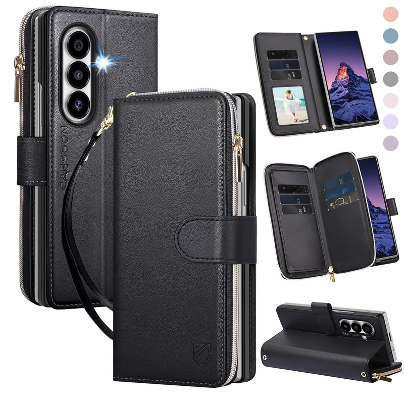for Samsung Galaxy-Z-Fold-8-Ultra Wallet Case: with RFID Blocking Card Slots (9 Cards) | Soft PU Leather Magnetic Snap Zipper Pocket | Crossbody Wrist Strap Phone Cover - Black