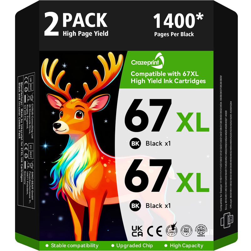 67XL Black Ink Cartridge Compatible for HP 67 Black Ink Cartridge Works with HP Deskjet 2855e 2800e 2700 2700e 2755 2755e 2852e 4255e 2827e 4100e 4155e Envy 6000 6055e 6455e Printer, 2 Pack