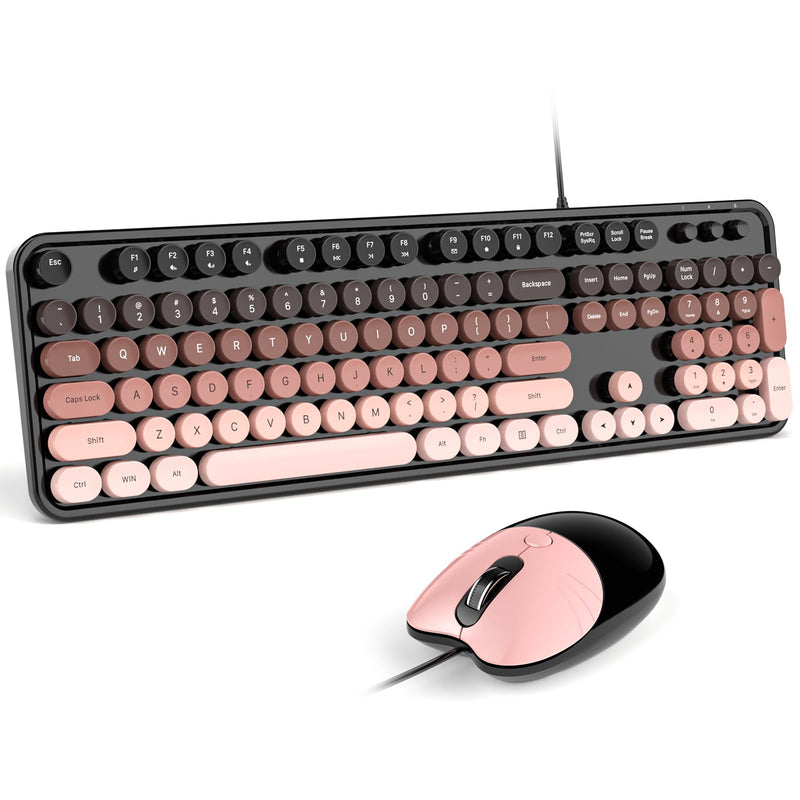 MOFII Wired Keyboard and Mouse Combo, Full-Size Retro Round Keycaps Keyboard with Number Pad, Cute Cat Shape Mouse for Windows 7/8/10/11, Laptop, Desktop, PC, Computer Mocha Gradient