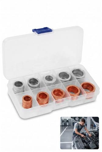 100 PCS Oil Drain Plug Crush Washers, M10 M12 M14 M16 M18 Assortment Kit, Mixed Copper and Aluminum Sealing Gaskets with Plastic Storage Box, Universal Car Oil Pan Drain Plug Replacement