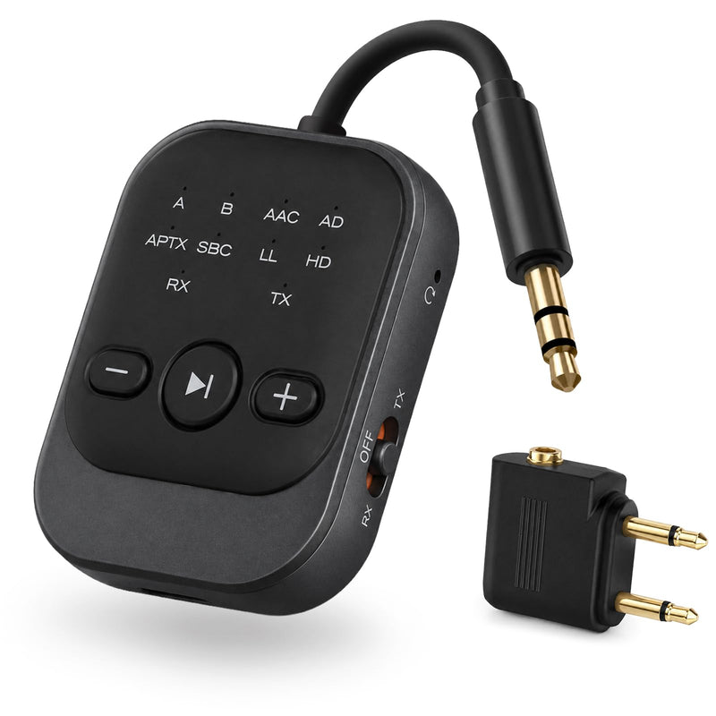 Bluetooth Transmitter Receiver, Airplane Bluetooth Adapter for TV (Black) | Bluetooth 5.3 Airplane Travel Essentials 2-in-1 Wireless Bluetooth Adapter Dual Link for Headphones Low Latency with Mic Black