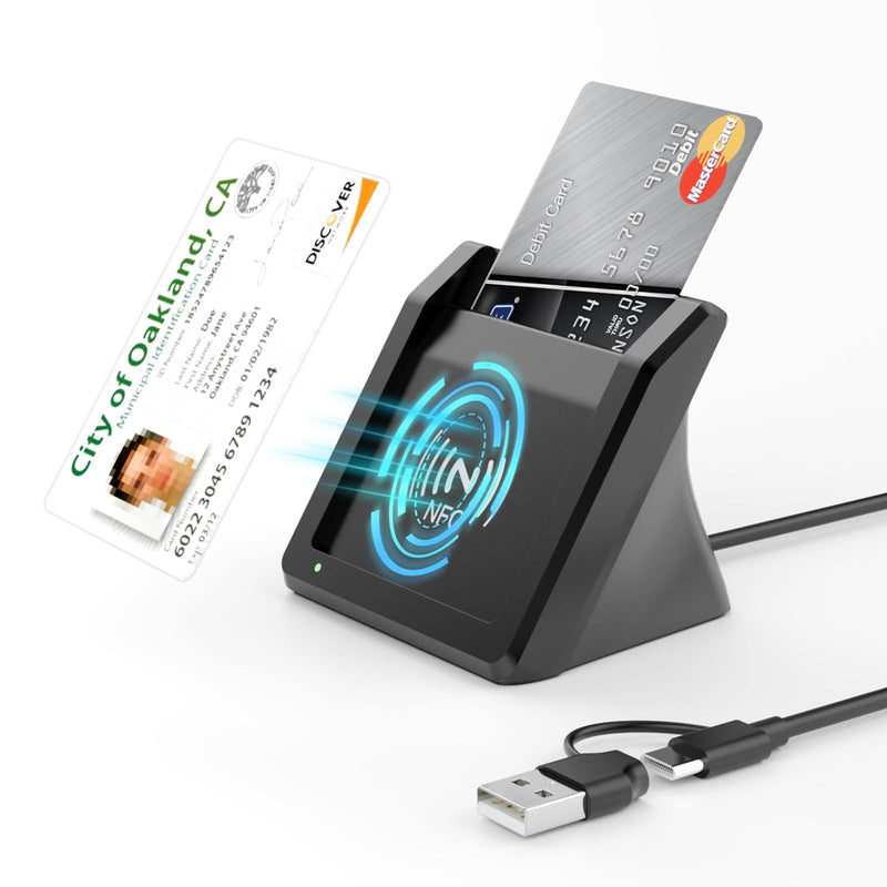 Smart Card Reader with NFC,USB A/C CAC Reader Military DOD Common Access ID Bank Chip Card Reader 2-in-1 Contact and Contactless Compatible with Mac Os, Windows 10/11,Mac OS,Android and Linux Black