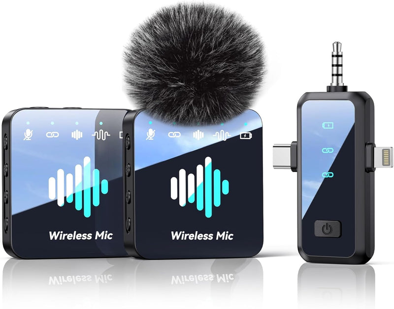 MENERESAS Wireless Microphone for iPhone: 40dB Noise Canceling Mini Mic with 20Hz-20kHz Audio, 328ft Range, 20H Battery, 3-in-1 Lavalier Microphone for Video Recording Elegant Black