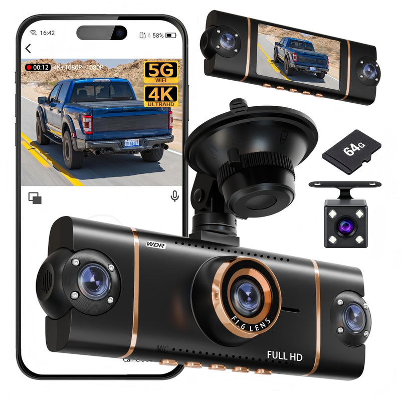 4K Dash Cam Front and Rear, WiFi Dash Camera for Cars with App | 4K+1080P*3 FHD Dash Cam, 64G Card Included, G-Sensor Emergency Lock, 8 IR Lamps Night Vision, 24H Parking Monitor, Black