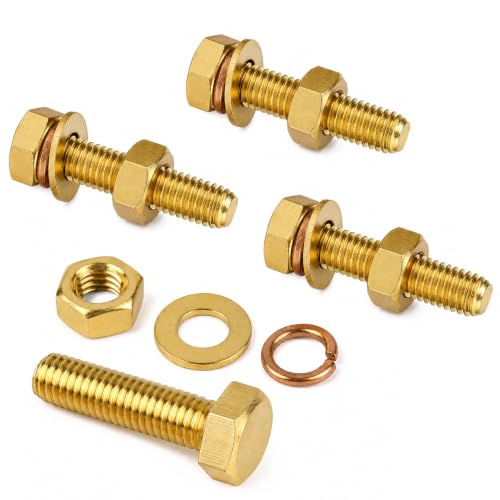 4pcs 1/4-20 x 1 Hex Screw Bolts + Hexagon Nuts + Flat Washers + Spring Lock Washers Kit, Conductive Brass Copper Hex Head Bolt, Full Threaded Heavy Duty Screw Bolts Kit 1/4-20 x 1", 4pcs