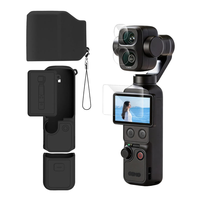 Soft Silicone Protective Case for DJI Osmo Pocket 4P Black | Separate coverage for the lens area, body, screen section, and 1/4-inch threaded handle; charging access stays open.