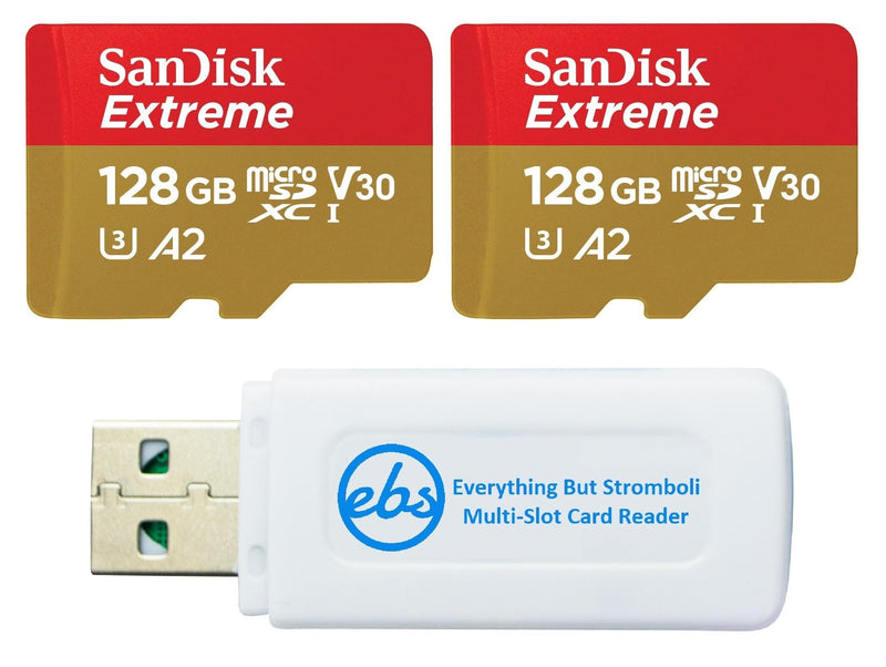 SanDisk MicroSDXC 128GB UHS-I Extreme 2 Pack Memory Card SDSQXAA-128G-GN6MN | Works with DJI Osmo Action 6, Pocket 3, Pocket 2, Osmo Nano Bundle with 1 Everything But Stromboli MicroSD & SD Card Reader
