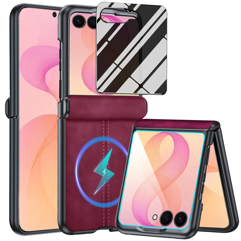 for Samsung Galaxy Z Flip 8 Stylish Leather Case with Built-in Privacy Screen Protector＆Hinge Protection,Slim Thin Shockproof Protective Cover for Galaxy Z Flip 8,Burgundy Burgundy
