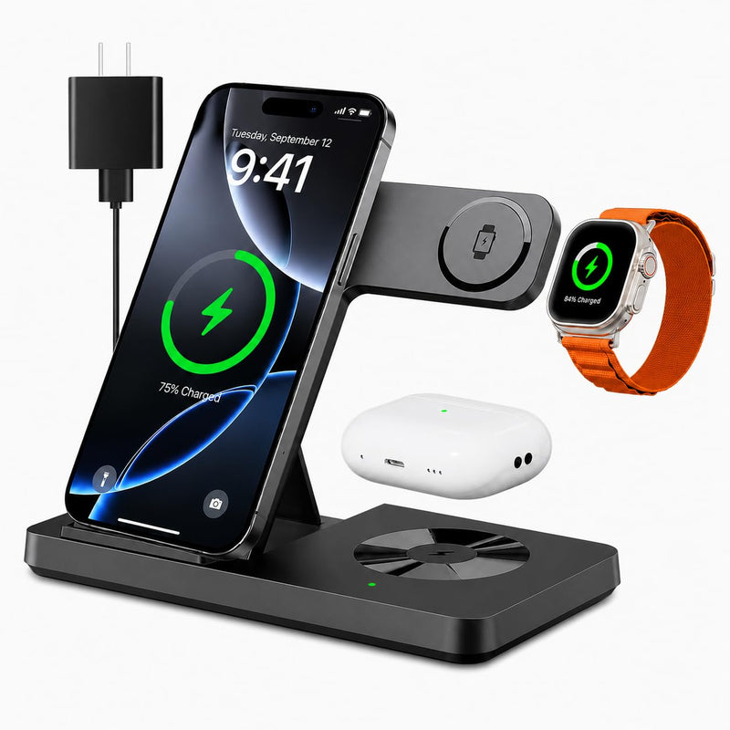 3 in 1 Charging Station,Wireless Charger iPhone Charger Stand Multiple Devices for iPhone 17-8 Series,Apple Watch 11-2 SE and Ultra Series, Airpods 4 3 Pro black