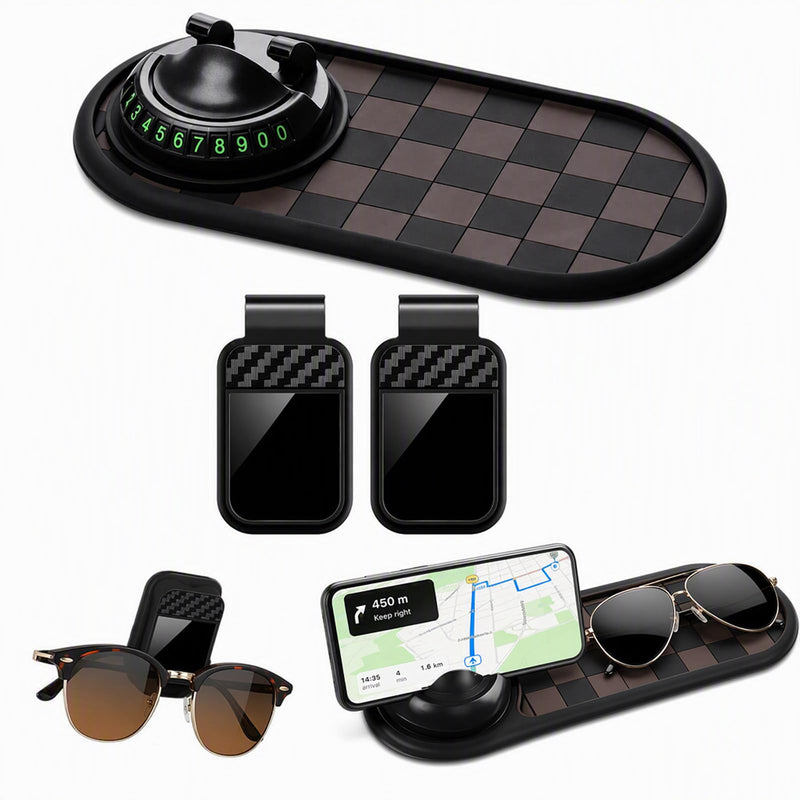 3-Pack Car Anti Slip Mat Phone Holder, PVC Car Dashboard Non-Slip Pad Set | 1 large dashboard anti-slip mat + 2 carbon fiber sunglass holder pads, PVC design, anti-slide during sudden brake