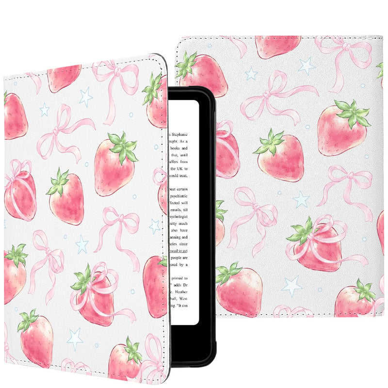 Cute Strawberry Case for 7" Kindle Paperwhite 12th Gen | with Hand Strap|Slim Foldable Stand|PU Protective Cover Case|with Auto Wake/Sleep|for Women Girls Strawberry A/White 7"KPW 12th Gen 2024