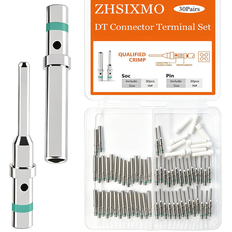 30 Pairs Deutsch Pin Connector Kit Size 16 Solid Contacts DT Series Connector, Common Contacts Automotive Terminals, Ni Plating Pin and Socket Contacts, 14-20AWG Wire Size 30 Pairs - Size 16