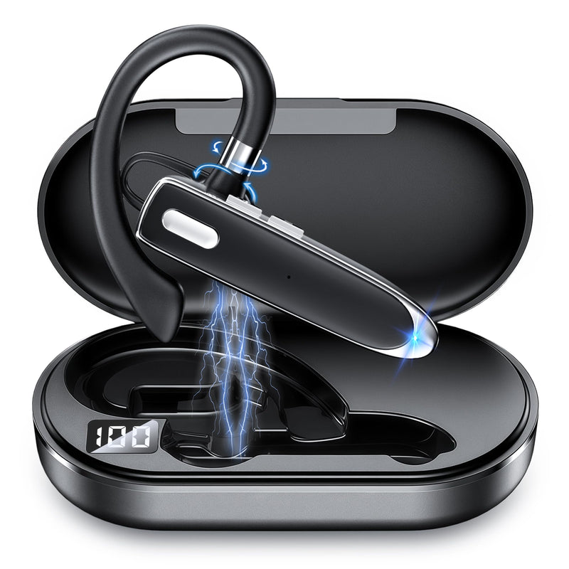 Bluetooth Headset V6.1 with 90Hrs Talk Time & 500mAh Charging Case, CVC 8.0 ENC Noise Cancelling Mic – Wireless Earpiece Single Ear Hands-Free Headphones for Office Trucker Driving Business - Black