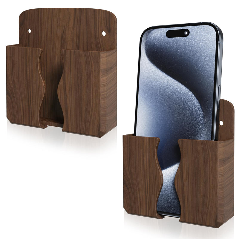 2 Pack Wall Phone Holder Phone Stand with Charging Hole (Wood Grain) | Compatible with iPhone and Android, remote control stand, bedside phone holder, for home office boat rv accessories