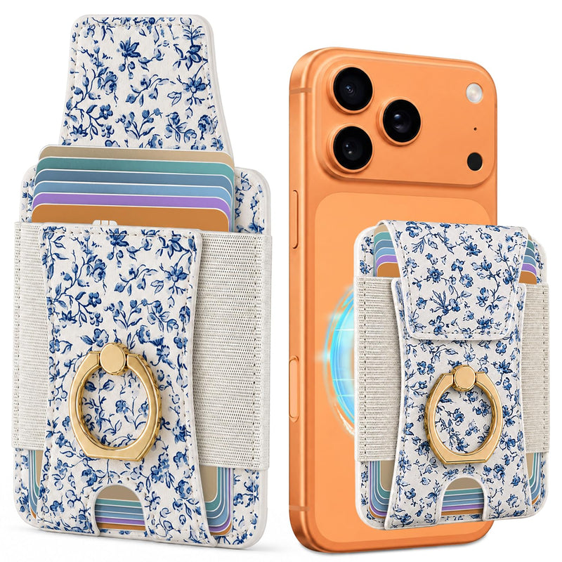 Compatible with Magsafe Ring Stand Card Holder Wallet (Blue Floral) | for iphone 17/16/15/14/13 Series for Women Men Fit 6 Cards with Privacy Flap Blue Floral