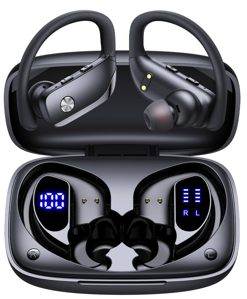 bmani Ear Buds Wireless Earbuds Bluetooth Headphones with 80H Playtime LED Display Case, Over-Ear Hook with Mic, Stereo Sound, Easy Button Controls, Sports Earphones for Running Workout Gym Black AI Buds Pro
