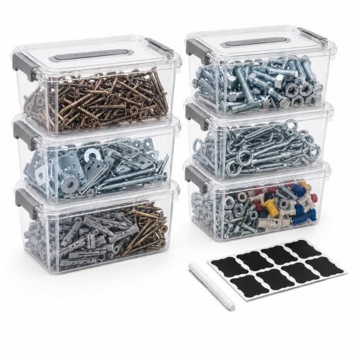 Hardware Organizer, 6-Pack Tool Box with Labels and Marker for Workshop