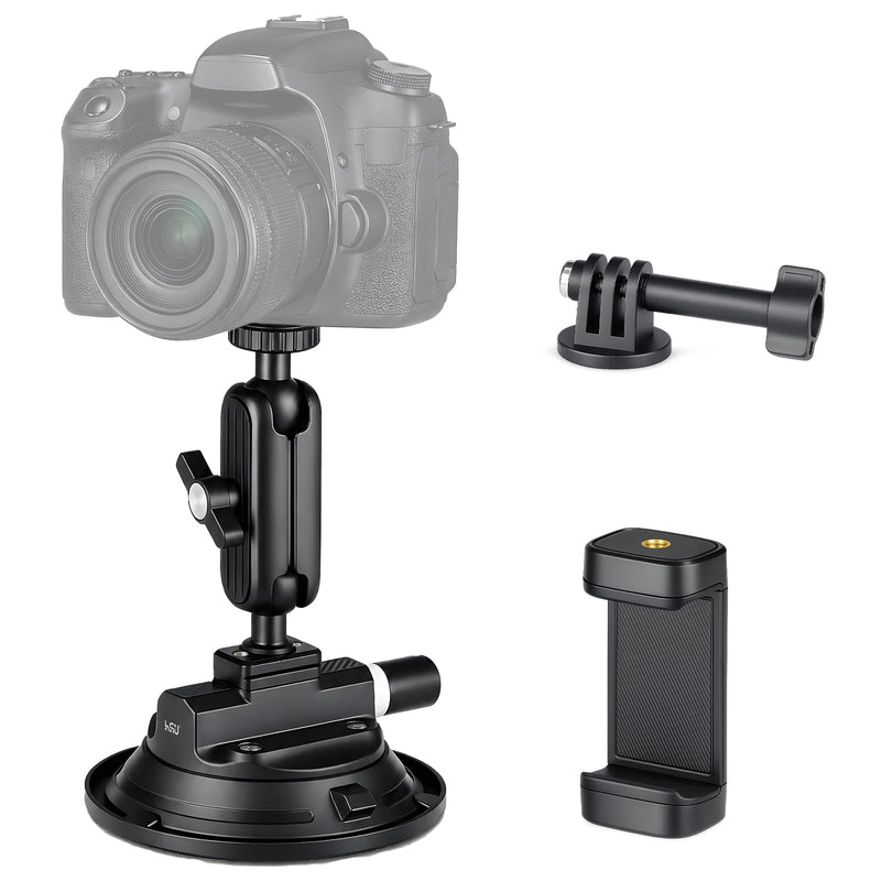 HSU 3.9"/9.8cm Suction Cup Mount with Adjustable Ball Head Magic Arm | Quick Release Universal Car Windshield Holder, Compatible with GoPro, Insta360, DJI Action Osmo Cameras, DSLR & Smartphones