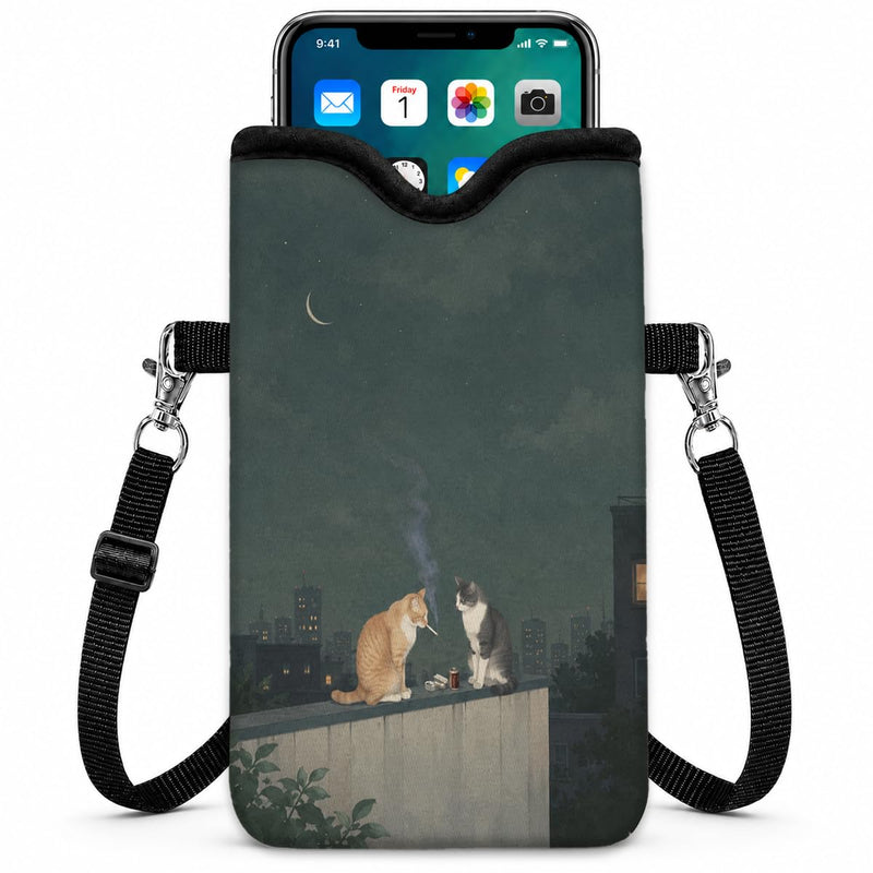 Neoprene Cell Phone Sleeve Pouch Case Bag with Crossbody Strap, 7.1x3.9 in, Shockproof Phone Bag with Neck Lanyard, Fits Most Phones, Rooftop Cat