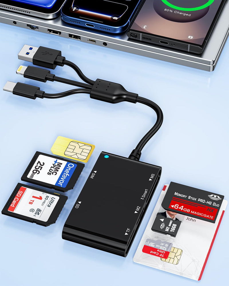 USB-A/USB-C/Lightning Smart ID Card Reader ID Bank SIM Chip SD Card Adapter | CAC ISO7816 ID Card Reader for SD/TF/MS/M2/SIM/IC/CAC&PIV Cards | Accepts Contactless for PC,Windows,Linux,Mac,Plug-and-Play Black