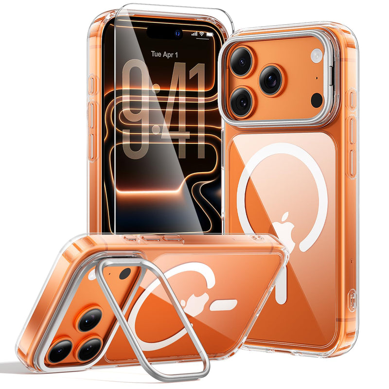 toushion 2 in 1 for iPhone 17 Pro Case Stand Clear | Build in Camera Stash Stand, Screen Protector *1, Not Yellowing, Fits MagSafe, Military-Grade Protection Clear Cam-Stand iPhone 17 Pro(6.3")