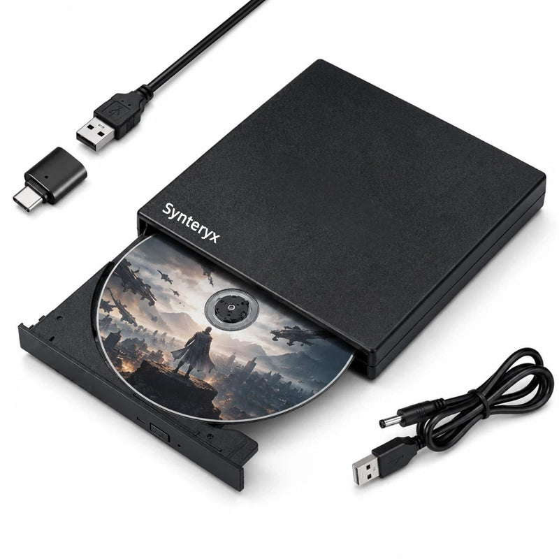 External CD DVD Drive, USB-A & USB-C CD Burner for Laptop, PC & Mac | Portable DVD Burner & CD Reader Writer, Play & Burn 2-in-1 External Disc Drive Compatible with Windows, macOS & Linux 2-in-1-Matte Black