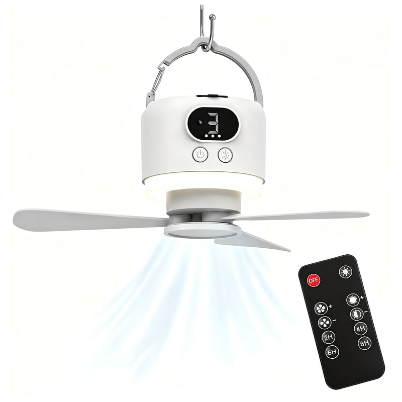 Camping Tent Fan with Light, Rechargeable Hanging Fan with Remote | 10400mAh Rechargeable Battery, USB-C Charging, 3 Speeds, Timer, LED Light, Tent, RV & Outdoor Use White