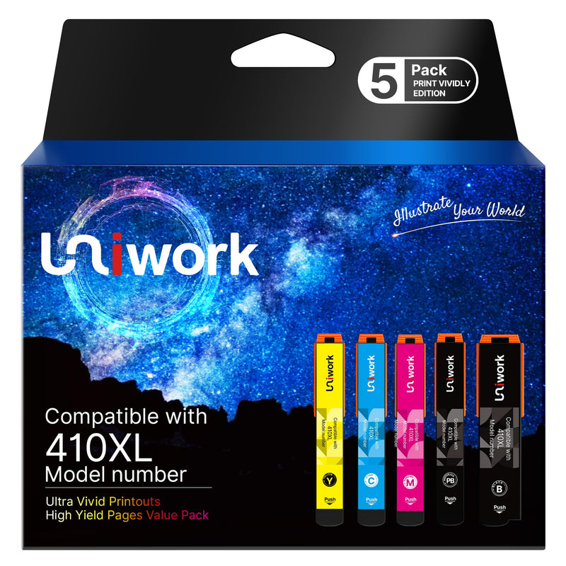 Uniwork Remanufactured Replacement for Epson 410XL Ink Cartridges 5 Pack | Replacement for Epson 410 Ink Cartridges Use for Expression XP-830 XP-640 XP-7100 XP-630 XP-530 XP-635 (Latest Upgraded Chip)