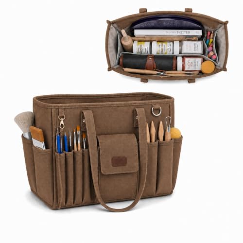Pottery Tool Bag with Multiple Pockets, Art Supply Tote for Clay Tools brown