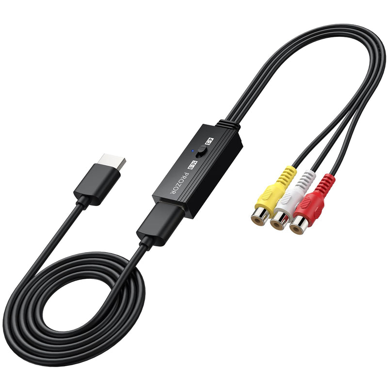 PROZOR RCA to HDMI Converter - 4:3/16:9 Switch, AV to HDMI Adapter for TV | Composite CVBS Video Audio Converter for PS1/PS2/N64/Wii/Xbox/VCR/VHS/DVD, Supports PAL/NTSC, 1.5ft Female Cable Plug & Play