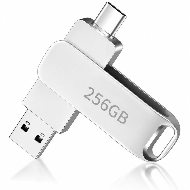 USB C Flash Drive 256GB, 2-in-1 Dual OTG Thumb Drive Memory Stick 256G, Silver Swivel Metal Jump Drive 256 GB Compatible with Type-C Smartphones, Tablets, Laptops