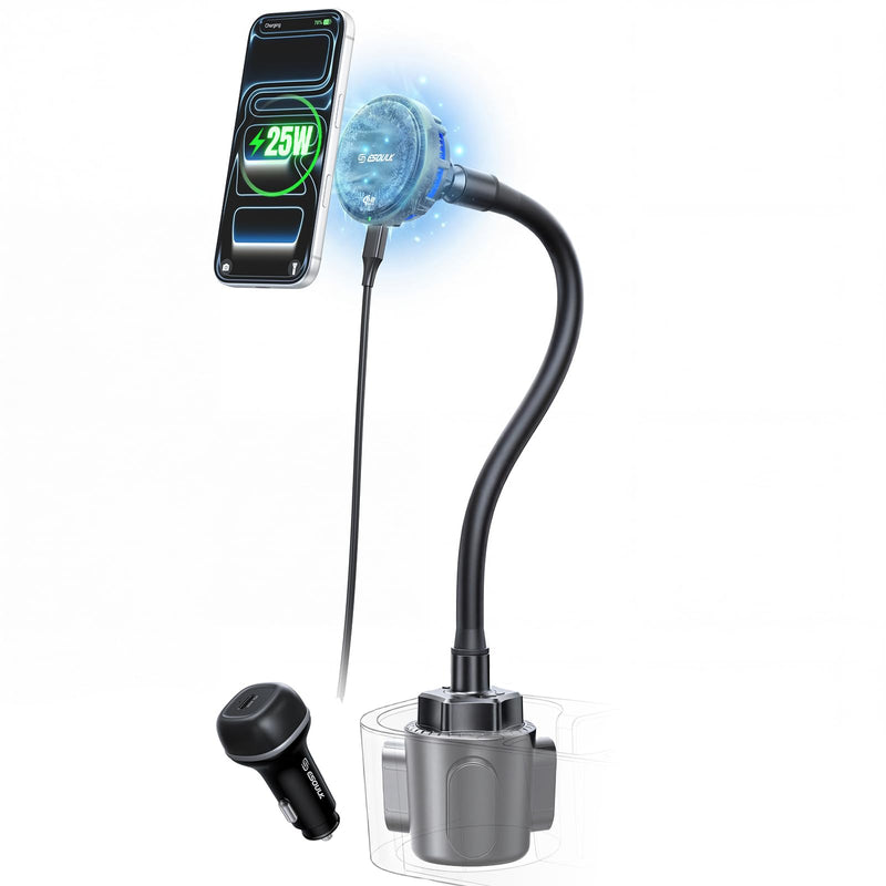 Qi2 25W Cooling Wireless Charger 15 Inch Cup Holder Phone Mount | 25W Fast Wireless Charging, 15" Gooseneck Cup Holder Mount, Cooling Fan, Stable Base, 45W Car Adapter Included
