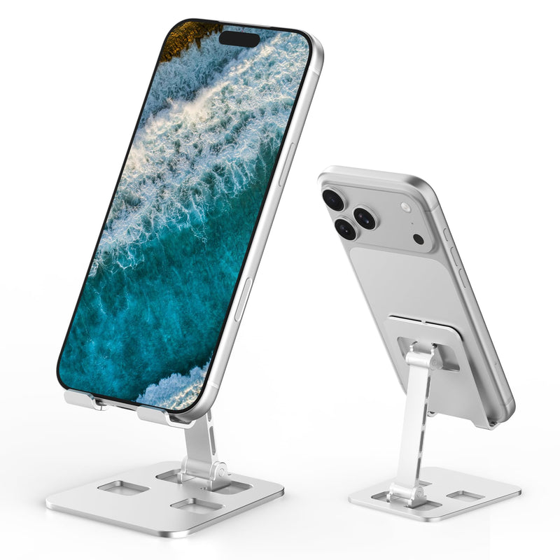 Foldable Cell Phone Stand for Desk Multi-Angle Adjustable Aluminum Holder Anti-Skid Protection Pocket Size Travel Dock Compatible with 4-10 Inch Phones Tablets for Online Class Movie Watching