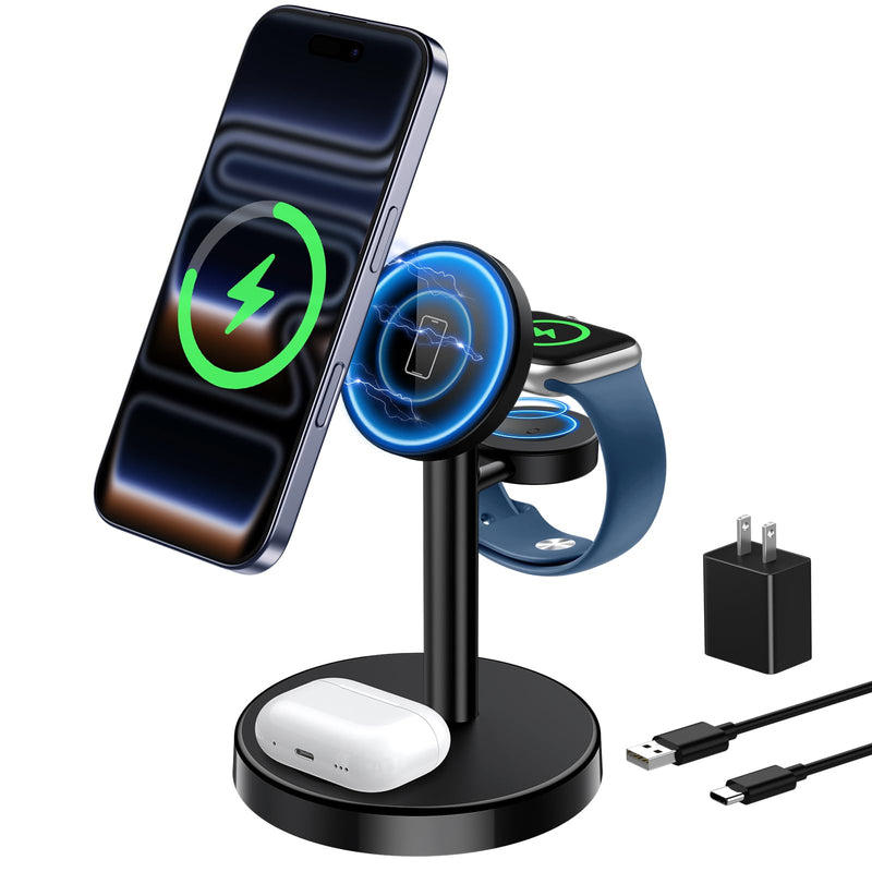 Aeinidi 3 in 1 Fast Wireless Charging Station for Apple, 15W Strong Magnetic Charging Stand Compatible with MagSafe Charger for iPhone 17 16 15 14 13 12 Apple Watch AirPods Series, Adapter Included Classic Black