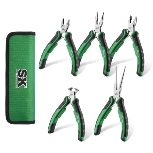 SK 5-Piece Mini Pliers Set, Box Joint Small Pliers with Zipper Pouch