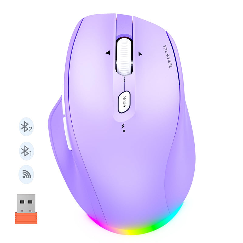 MEETION Wireless Mouse, Ergonomic Bluetooth Mouse for Laptop, Purple | Rechargeable triple-mode mouse with a 4-way tilt wheel, 800–2400 DPI, and multi-device support for Windows, Mac & PC