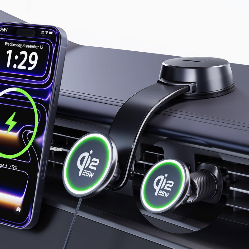 Upgrade for Qi2.2 25W for MagSafe Wireless Car Charger Mount, Space Black | 2XFast Charging [90+LBS Safe Suction] Magnetic Phone Holder Dashboard Windshield Vent for iPhone 17/16/15/14/13/12 Pro Max