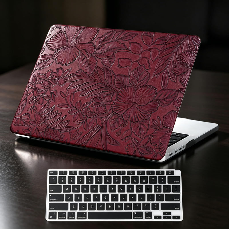 Floral Logo Cutout Case for MacBook Neo 13 inch 2026 A3404 A18 Pro Chip | Elegant Textured Mac Neo Case Retro PU Leather Hard Shell Case for MacBook Neo 2026 Case & Keyboard Cover, Deep Burgundy # Embossed Floral Burgundy